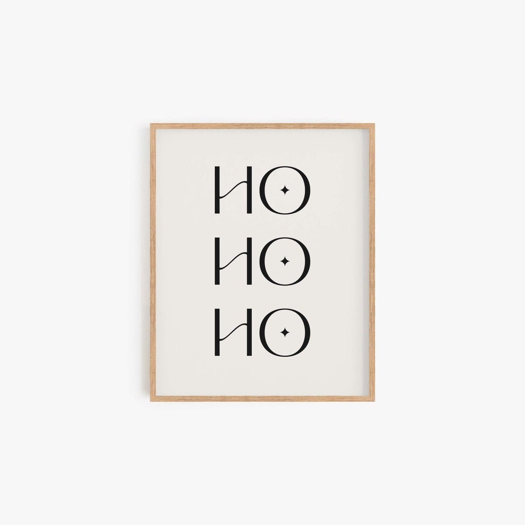Ho Ho Ho minimalist Christmas typography art print in wood frame