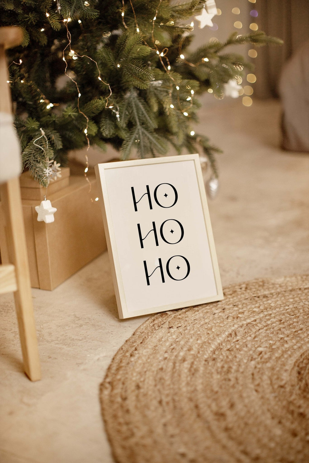 Minimalist Ho Ho Ho holiday typography print styled on woven rug