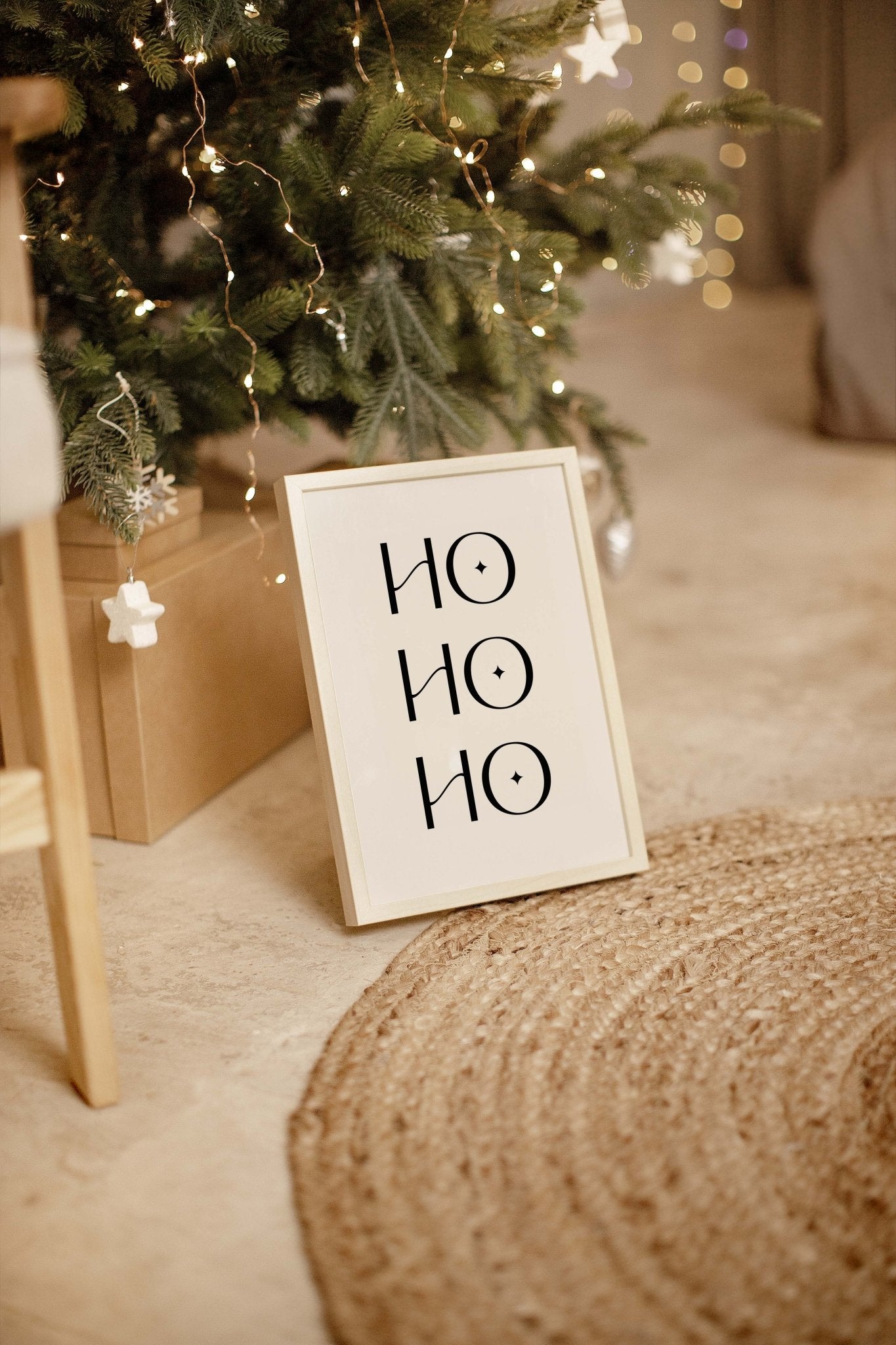 Minimalist Ho Ho Ho holiday typography print styled on woven rug