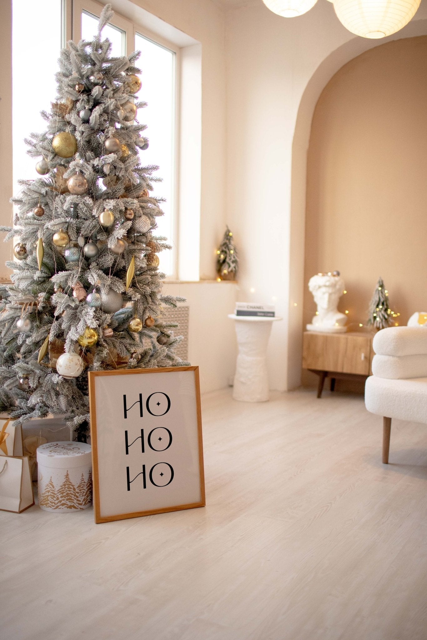Modern Ho Ho Ho Christmas art print styled in festive living room