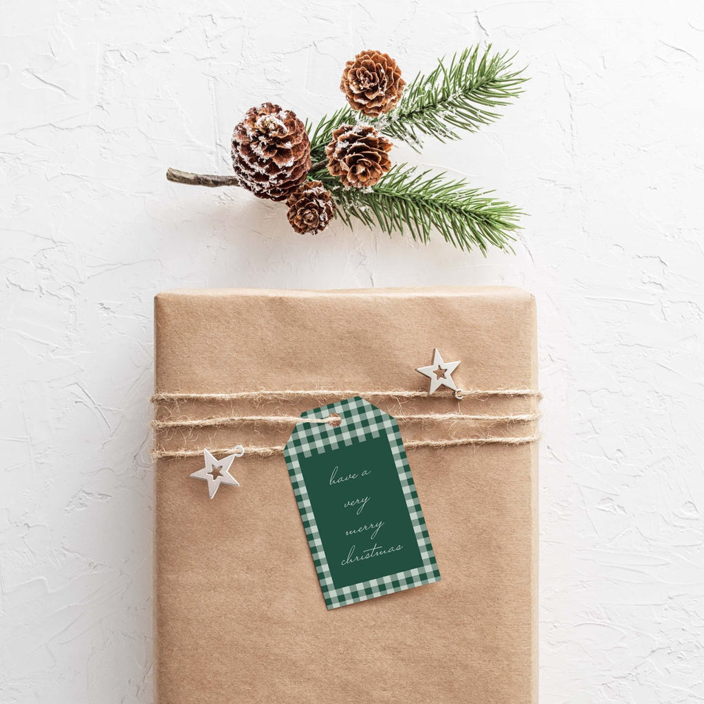 Holiday Plaid gift tags by Blú Rose, green gingham 'have a very merry christmas' tag on a kraft-wrapped gift with pinecones and pine
