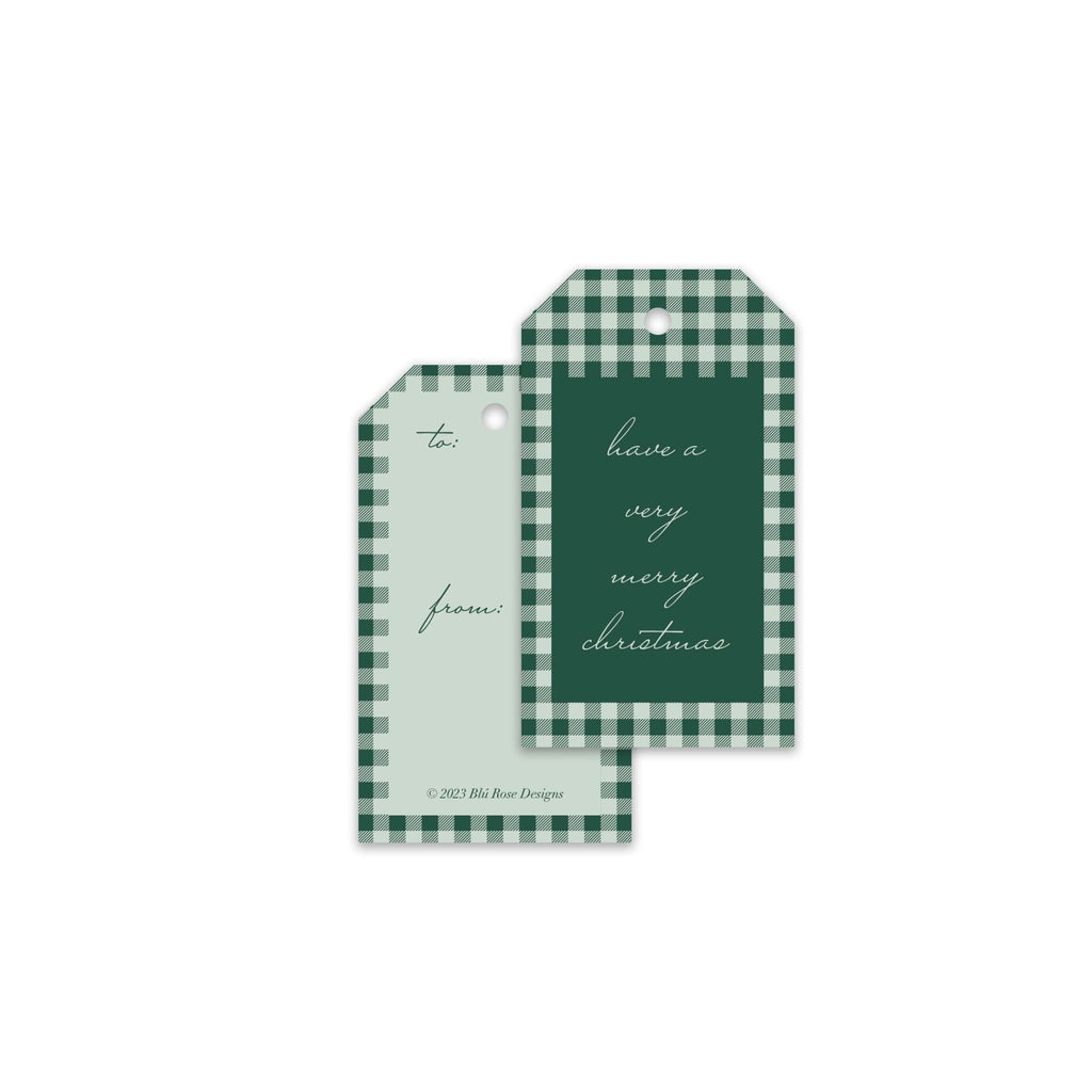 Holiday Plaid gift tags by Blú Rose, front and back of green gingham Christmas tags showing 'have a very merry christmas' and to/from lines
