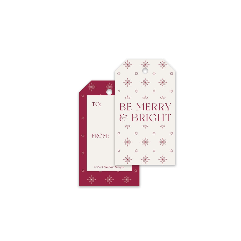 Merry & Bright gift tags by Blú Rose, front and back of 'Be Merry & Bright' burgundy star tags showing the design and to/from lines