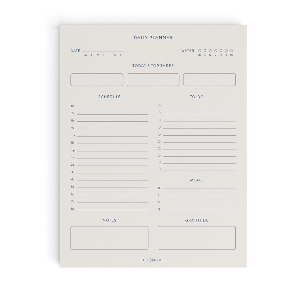 Minimalist Daily Planner notepad by Blú Rose, undated daily planner page with schedule, to-do, top three, meals, notes and gratitude sections in navy