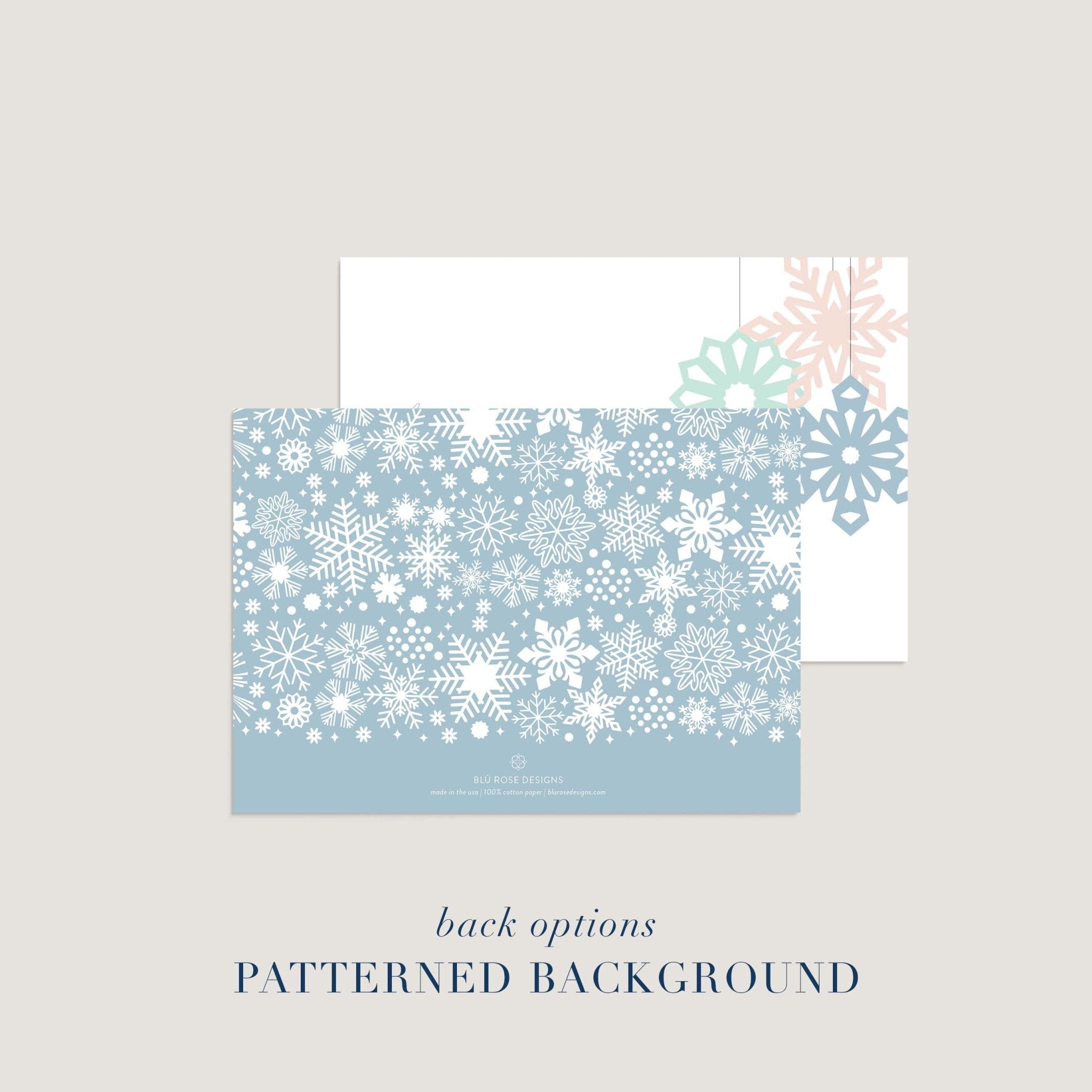 Back design option featuring a blue patterned background with snowflake accents.