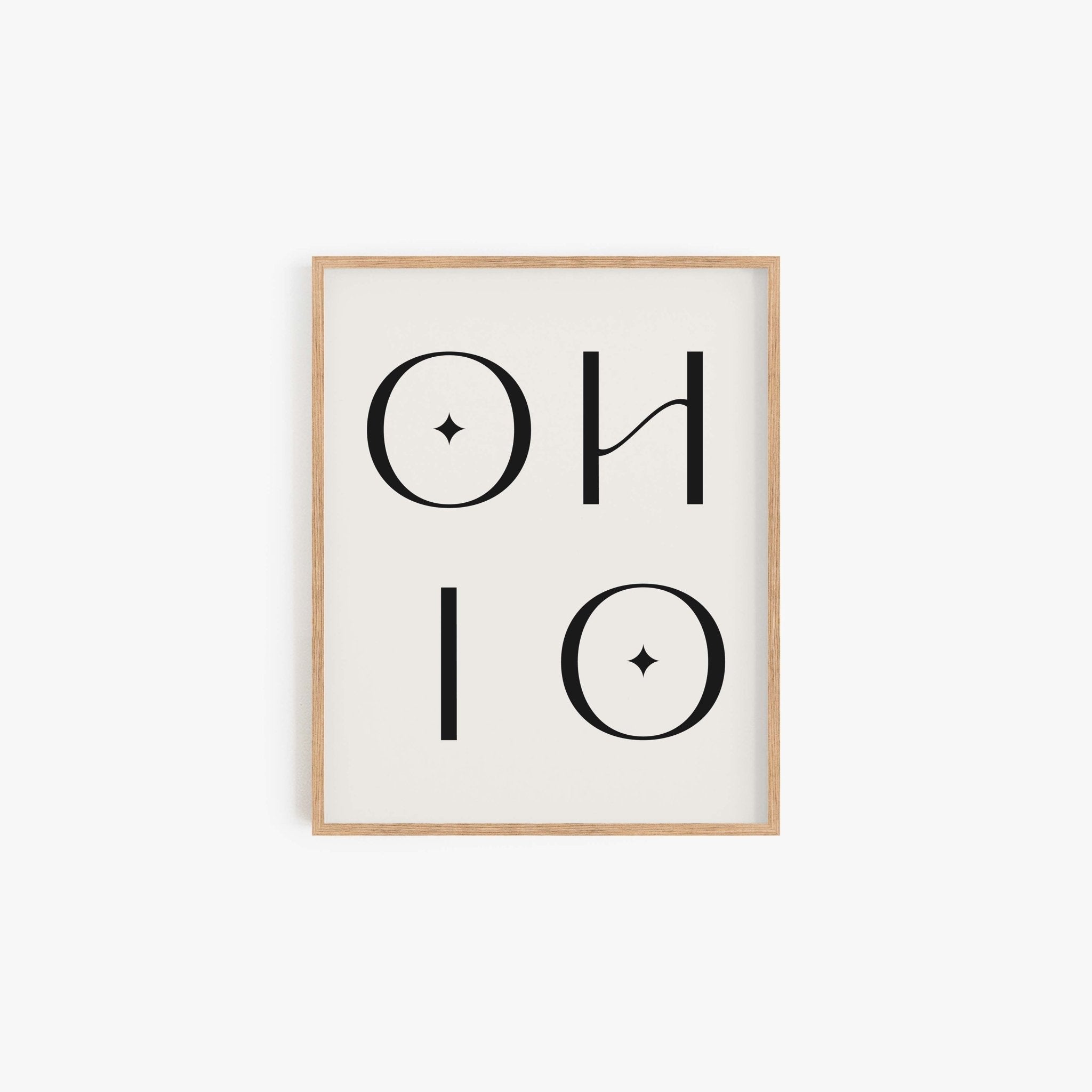 Minimalist Ohio typography art print in black lettering on off-white background in light wood frame